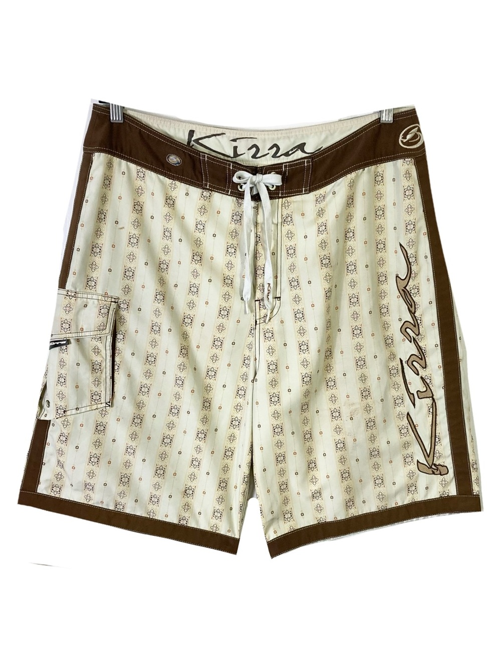KIRRA Swim Trunks Men 38 Beige-Brown Floral Y2K Drawstring Pockets